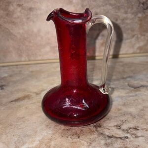 vintage red crackle glass pitcher  vibrant ruby red body 4-3/8”H